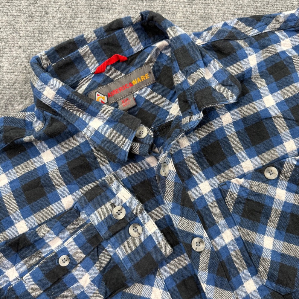 AmericaWare Flannel Shirt XXL Blue Black Plaid Cotton Long Sleeve Mens